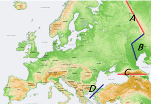 图为欧洲地形图,在其右侧为亚欧大陆分界线.请-132kb图片