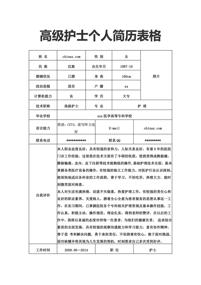 本人急需护士个人简历模板,表格版的和word版的各来一份,只给其中一份